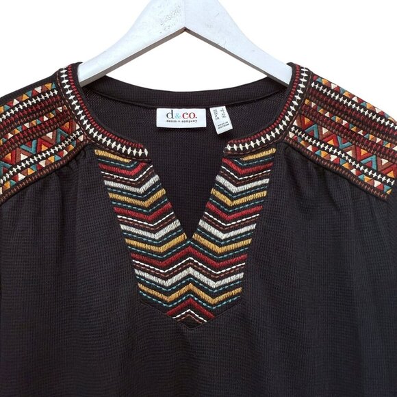 Denim & Co. Embroidered Waffle Knit Top Medium Black Long Sleeve Tee Womens Boho - Picture 2 of 9